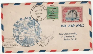 1941 First Flight Asheville NC A. M. 51 Unclaimed Cover - Picture 1 of 2