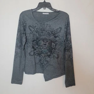 Alberto Makali Stripe Gray Black Long Sleeve Shirt Top Rhinestone Asymmetrical - Picture 1 of 5