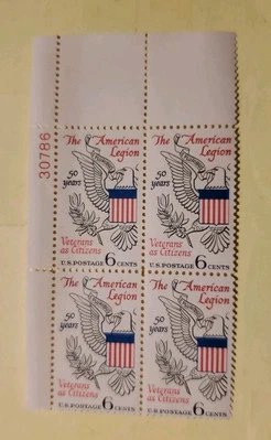 US Sc# 1369 MNH Plate Block American Legion 50 Years. Disturbed Gum.  - Image 1 of 2