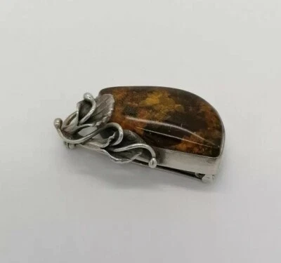 Spilla donna ambra baltica e argento 925 brunito naturale  gioiello - Immagine 1 di 4