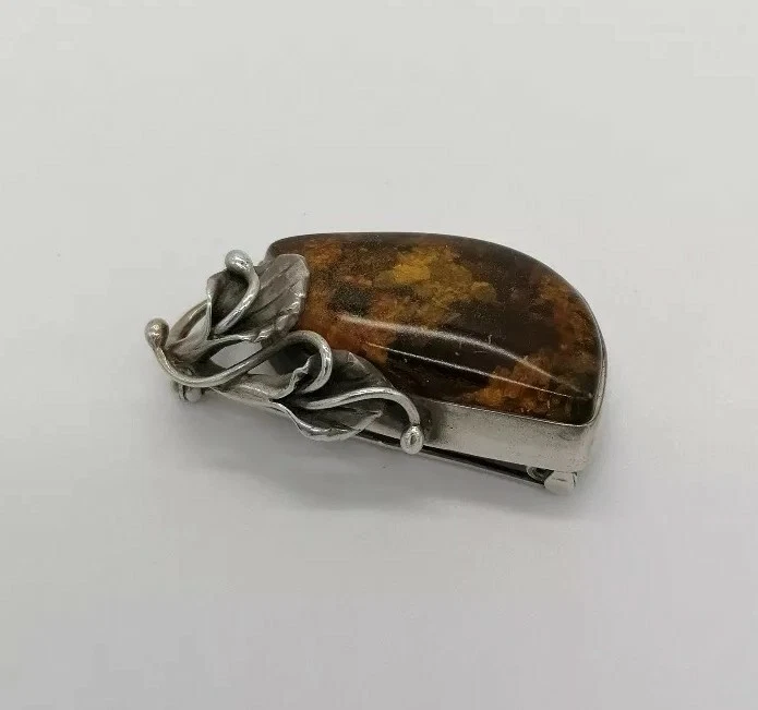 Spilla donna ambra baltica e argento 925 brunito naturale  gioiello - Immagine 1 di 4