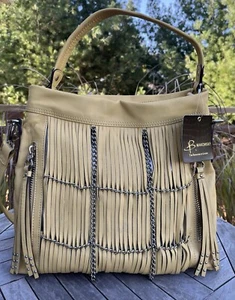 NEW! B.MAKOWSKY Glove Leather Hobo Crossbody Fringe Chain Handbag Camel Yellow - Picture 1 of 11