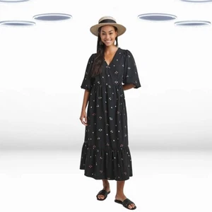 Ex Simply Be Women's Plus Size Ditsy Print Woven Wrap Midi Dress in Black - Picture 1 of 5