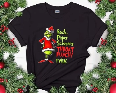 Grinch Rock Paper Scissors Throat Punch I Win Christmas Shirt - Image 1 of 3