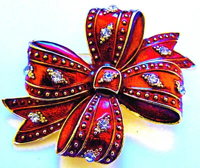 Magnificent RIBBON Christmas Gift BOW Red Rhinestone Vintage Inspired Brooch - Image 1 of 4