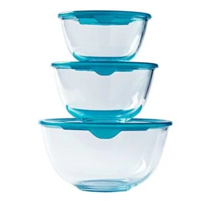 Pyrex Glass Bowl with Blue Lid Microwavable Set of 3 Pieces - Transparent - Picture 1 of 8