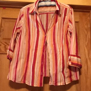 CARIBBEAN JOE women's 1X cotton striped three quarter sleeve button front blouse - Picture 1 of 3