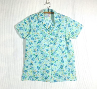 Vtg 60s Blue Rose Print Shirt M L Cotton Blend Retro Collar Sears Perma Smooth - Image 1 of 4
