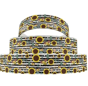 Grosgrain Sunflower Floral with Bumble Bees Ribbon 1" 25mm - Picture 1 of 1