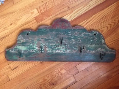 antique country painted primitive coat rack wall hanger 1841 hook shelf - Image 1 of 4