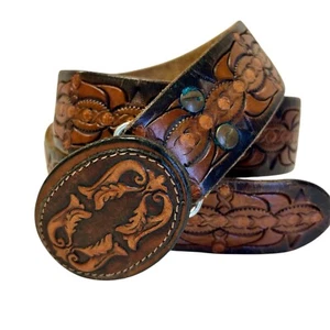 Vtg 70's Brown Hand Carved TOOLED Leather Hippie Cowboy Western Belt & Buckle - Picture 1 of 8