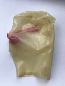 9751 Latex Hood Mask Fetish with Red Teeth 15cm long Nasal Tubes closed eyes - Picture 1 of 5