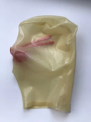 9751 Latex Hood Mask Fetish with Red Teeth 15cm long Nasal Tubes closed eyes - Image 1 of 4