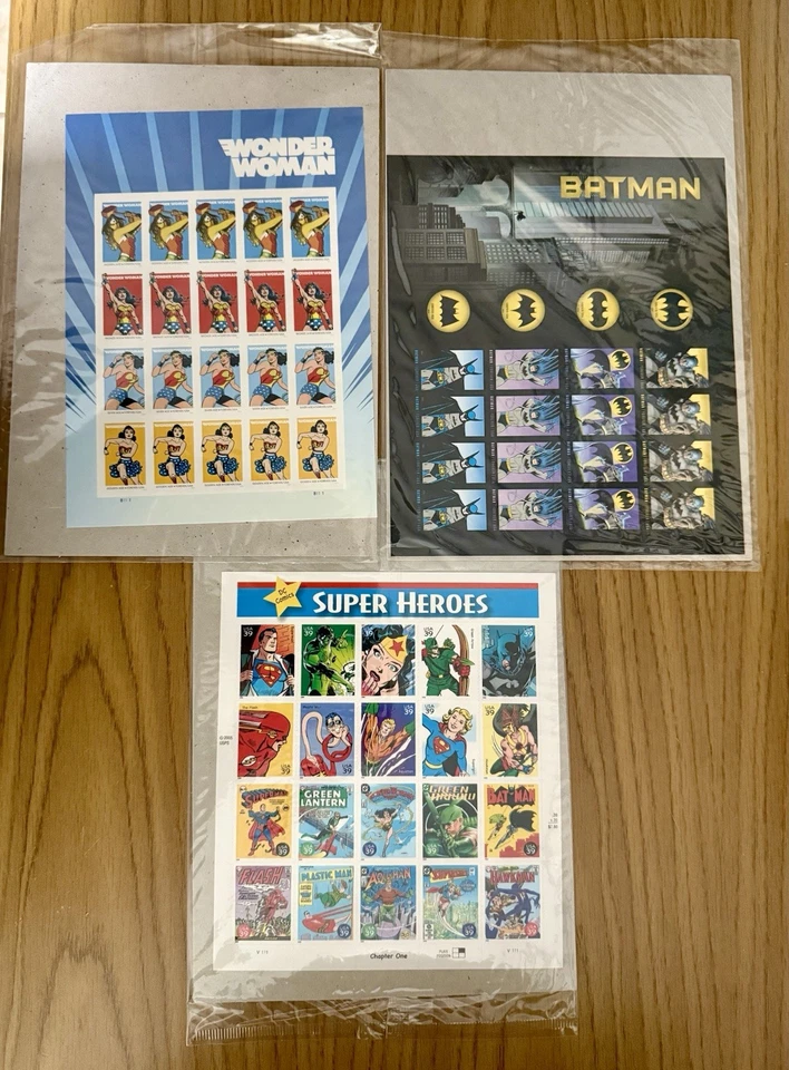 US Stamp Sheets - Lot of 3:  Wonder Woman, Batman, DC Super Heroes MNH - Image 1 of 1