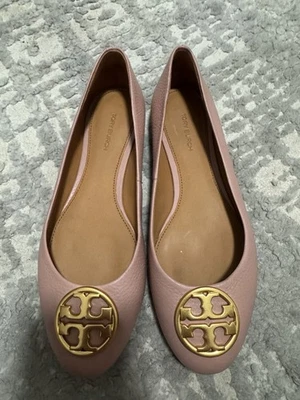 Tory Burch Ballet Flat Pink Leather Gold Logo Sz 7 *see a photo for condition - Image 1 of 3