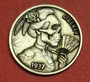 HOBO Buffalo Nickel Mujer Calavera con Abanico Níquel Real EE. UU. - Imagen 1 de 2