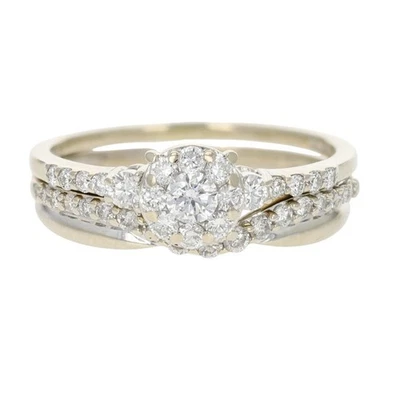 .99ctw Round Cut Diamond Halo Wedding Set Rings 14k White Gold Size 8.5 - Image 1 of 4