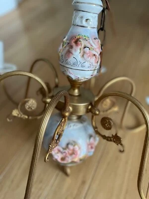 Vintage 6 Light Porcelain Capodimonte Italian Brass Cherub Rose Crystal... - Image 1 of 4