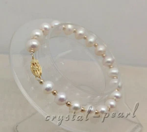 7.5-8 inch Natural South Sea 8-7mm Genuine Pearl Bracelet 14k Yellow Gold - Picture 1 of 2