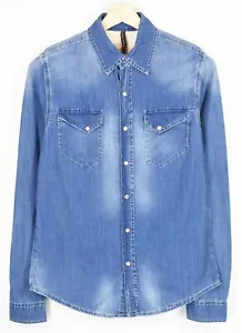 Nudie Shirt Men Half Denim Fade Effect Snap Buttons Blue - Picture 1 of 8