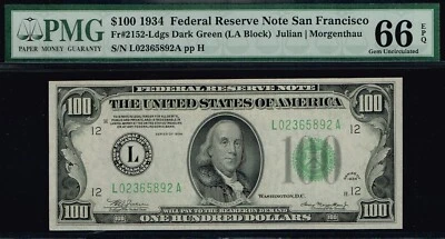 $100 1934 San Francisco FRN. Fr. 2152-Ldgs. TOP POP NOTE. PMG 66 EPQ - Image 1 of 3