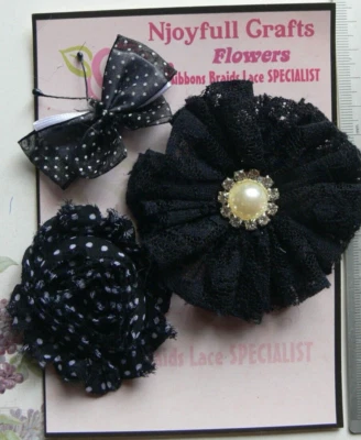 BLACK & WHITE Fabric Organza Lace Flower + Butterfly - 3 Mix 60-75mm - T1 A NJC — 第 1/4 张图片