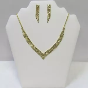 Gold Rhinestone Necklace & Earrings Set Bridal Wedding Prom Evening #19656 - Picture 1 of 4