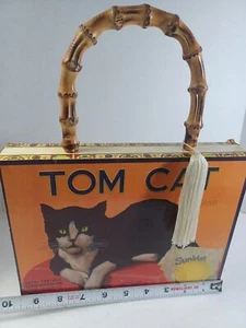 Vintage tom cat Box Purse Black Bamboo Handle Black Checkered Interior 9x7 - Picture 1 of 15