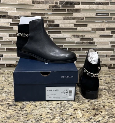 Cole Haan Women’s 8 B Idina Ankle Boots Gold Chain Black Leather Bootie NWT - Image 1 of 4