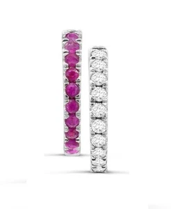 925 Sterling Silver Lab Created Ruby & Lab Created White Sapphire Hoop Earrings - Picture 1 of 2