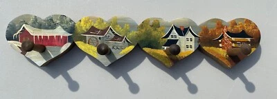Handmade Hand Painted Wood Hearts Key Pegboard Cottage Grannycore 4 Seasons - Image 1 of 4