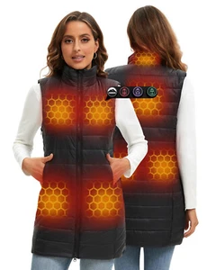 Women`s Long Graphene Heated Vest with Battery, Size Adjustable Long Length Puff - Picture 1 of 7
