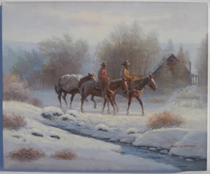 COWBOY ART Horses WESTERN SCENE Artist AMERICAN WEST Winter Snow PAINTING - Picture 1 of 22
