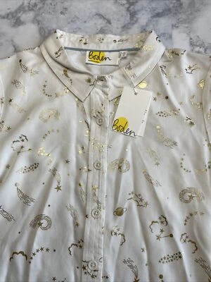 Boden Girls Button Front Gold White Shirt Space Stars Size 11-12Y NWT  - Image 1 of 4