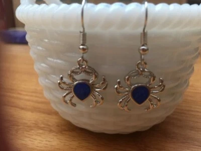 Cute New Silver Plated Resin Blue Fire Opal Crab Charm Hook Dangle Drop Earrings - Image 1 of 2
