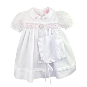 Petit Ami White and Pink Flower Embroidered Smocked Dress Set Newborn - Picture 1 of 2