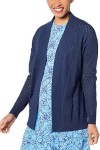Denim & Co. Novelty Stitch Open Front Long Sleeve Cardigan Navy - Picture 1 of 1