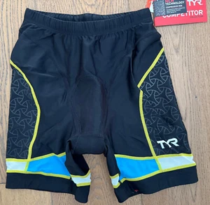TYR COMPETITOR Men's Small Black Blue Yellow 7" Shorts with Bike AMP Pad New - Picture 1 of 10