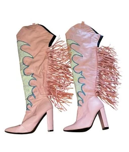 Pink Glitter Flame Western Thigh High Boots Fringe Size10 Cowgirl Sexy Beyoncé - Picture 1 of 8
