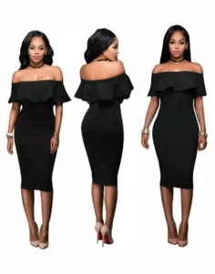 Schwarzes Kleid Schulterfrei Rüschen Midi XS - Bild 1 von 1