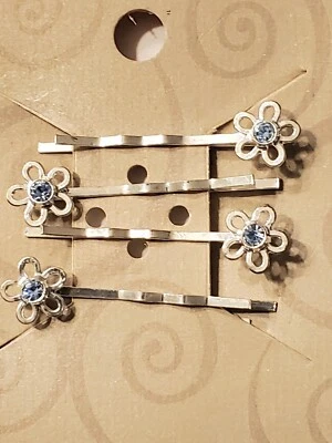 4 Piece Set Light Blue Rhinestone Daisy Flower Bobby Pins Hair Clip Silver Tone  - Image 1 of 4