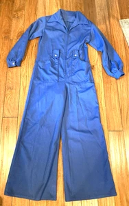 Vintage 1970s blue polyester jumpsuit dagger collar wide leg bell bottoms C 37 - Picture 1 of 5