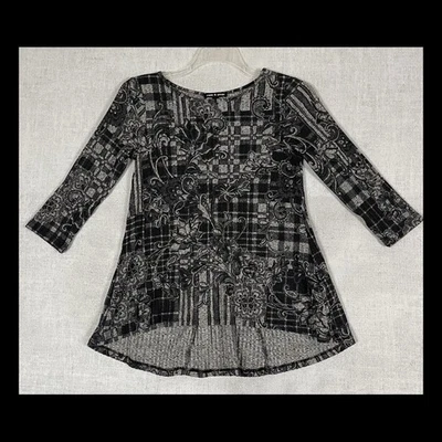 Top de mujer Cable & Gauge pequeño negro gris floral tejido a cuadros manga 3/4 túnica Foto 1 de 4