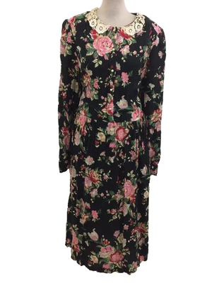 Bedford Fair Women's Dress Size XL Black Mix Floral Lace Collar Pockets Used F1 - Image 1 of 4