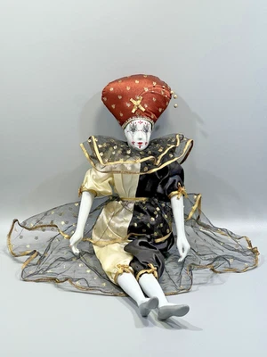 VTG Pierrot Harlequin Jester Porcelain Collectible Doll White Black and Gold 16" - Image 1 of 4