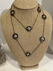 Long Fashion Necklace Rhinestone & Black Enamel 4 Leaf Clover - Picture 1 of 6