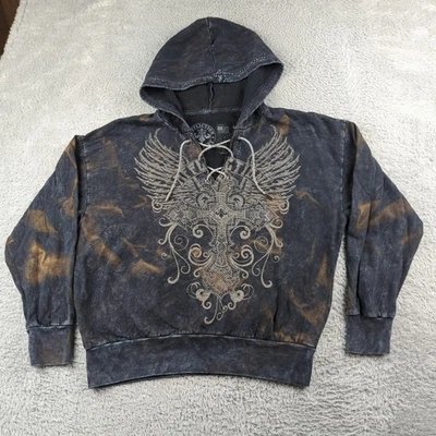 Affliction Hoodie Womens L Black Pullover Grunge Bling Cross Wings Y2K Sparkle - Image 1 of 4