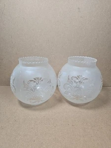 Vintage Pair Of Frosted Etched Glass Round Globe Lamp Shades Frilled 1960's 70s - Picture 1 of 12