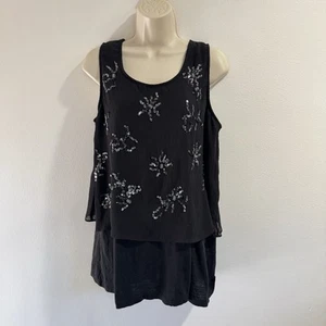 LOGO Lori Goldstein Lavish Tank Top Shirt L Black Sequin Chiffon Crepe Tunic - Picture 1 of 8