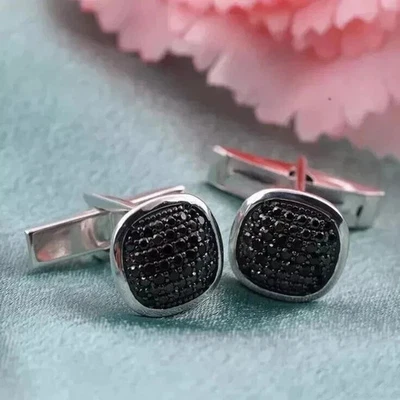 Gemelos para Hombre Regalo Chapado en Oro Blanco 14k 2Ct Redondos Laboratorio Creado Diamante Negro Foto 1 de 4